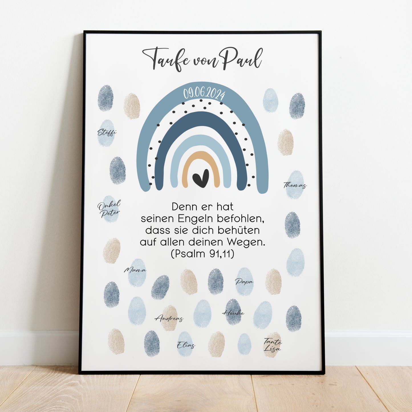 Taufe Gästeposter Fingerabdrücke Patenkind Regenbogen Gästebuch personalisiert Taufgeschenk Taufgästebuch Fingerprint Gästebild blau