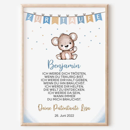 Patenbrief Poster Patenkind Taufgeschenk Taufe personalisiert Taufbrief Bär Jungen Blau