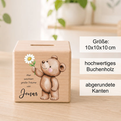 Holzspardose für Kinder mit einem Bär und Gänseblume personalisiert mit Namen