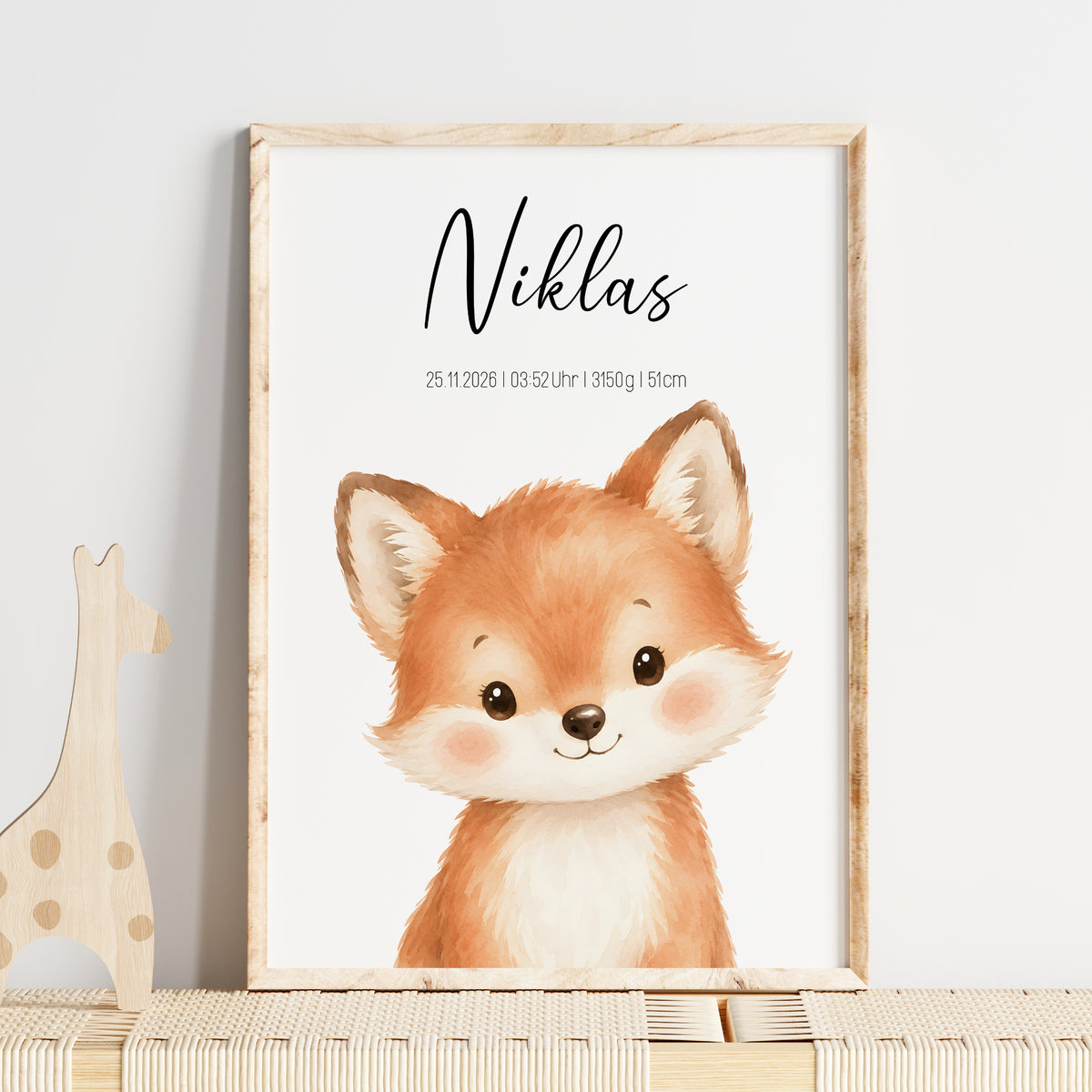 Geburtsposter Fuchs mit Geburtsdaten personalisierbar für Jungen und Mädchen