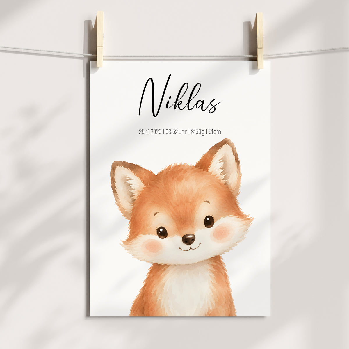 Geburtsposter Fuchs mit Geburtsdaten personalisierbar für Jungen und Mädchen
