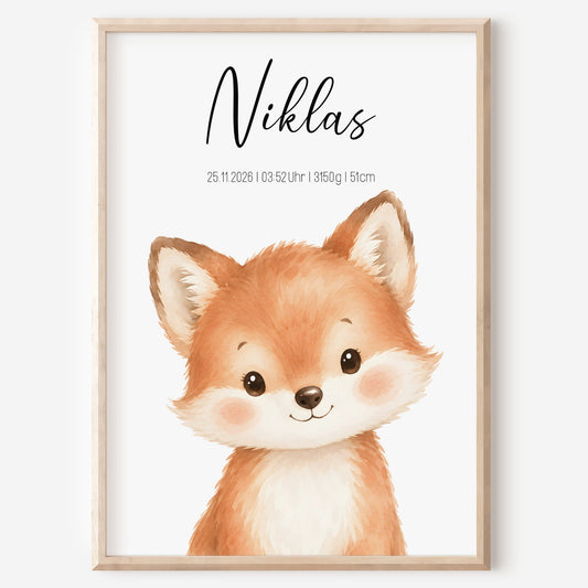 Geburtsposter Fuchs mit Geburtsdaten personalisierbar für Jungen und Mädchen
