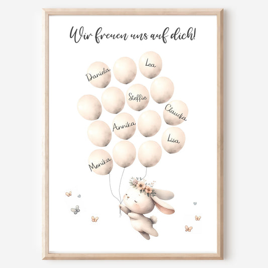 Gästebild Poster Babyparty Luftballons Hase Gästebuch Geburt Baby Shower