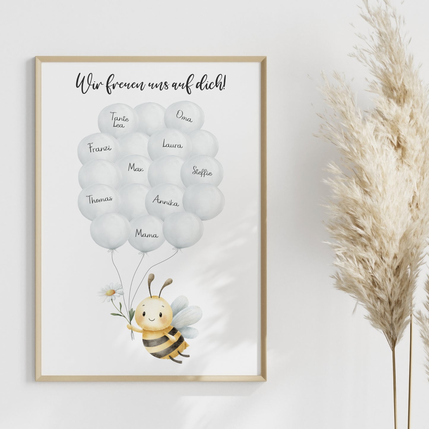 Gästebild Poster Babyparty Luftballons Biene Gänseblümchen Gästebuch Geburt Baby Shower