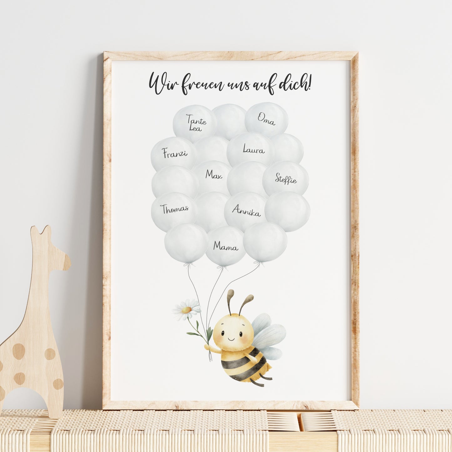 Gästebild Poster Babyparty Luftballons Biene Gänseblümchen Gästebuch Geburt Baby Shower