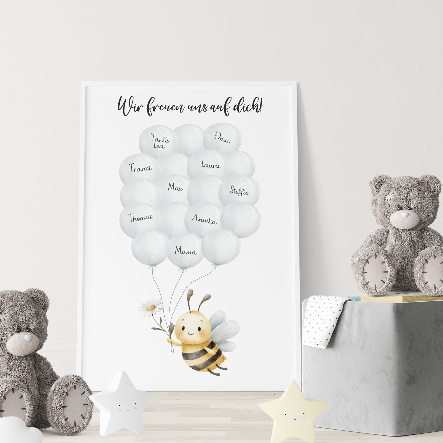 Gästebild Poster Babyparty Luftballons Biene Gänseblümchen Gästebuch Geburt Baby Shower