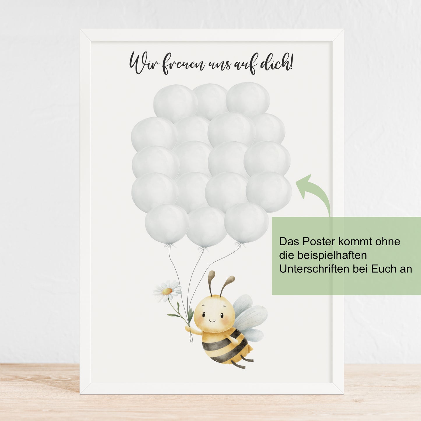 Gästebild Poster Babyparty Luftballons Biene Gänseblümchen Gästebuch Geburt Baby Shower