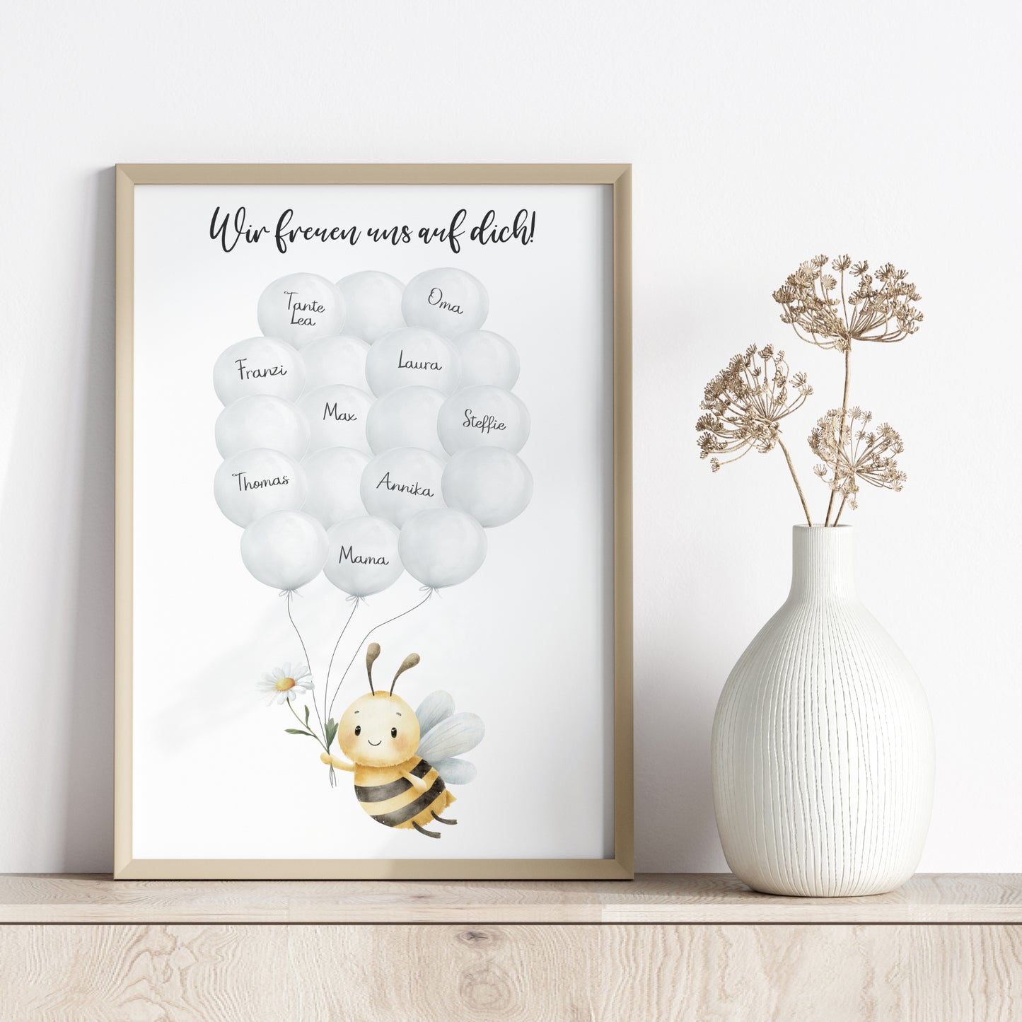 Gästebild Poster Babyparty Luftballons Biene Gänseblümchen Gästebuch Geburt Baby Shower