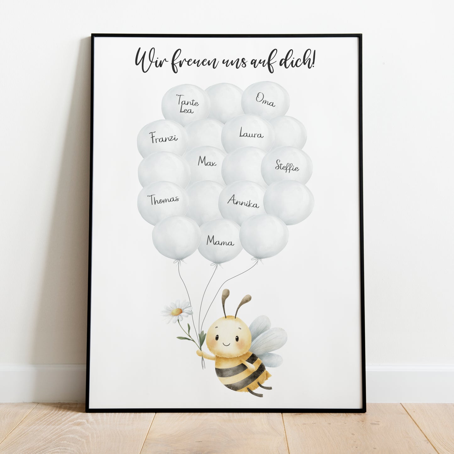 Gästebild Poster Babyparty Luftballons Biene Gänseblümchen Gästebuch Geburt Baby Shower