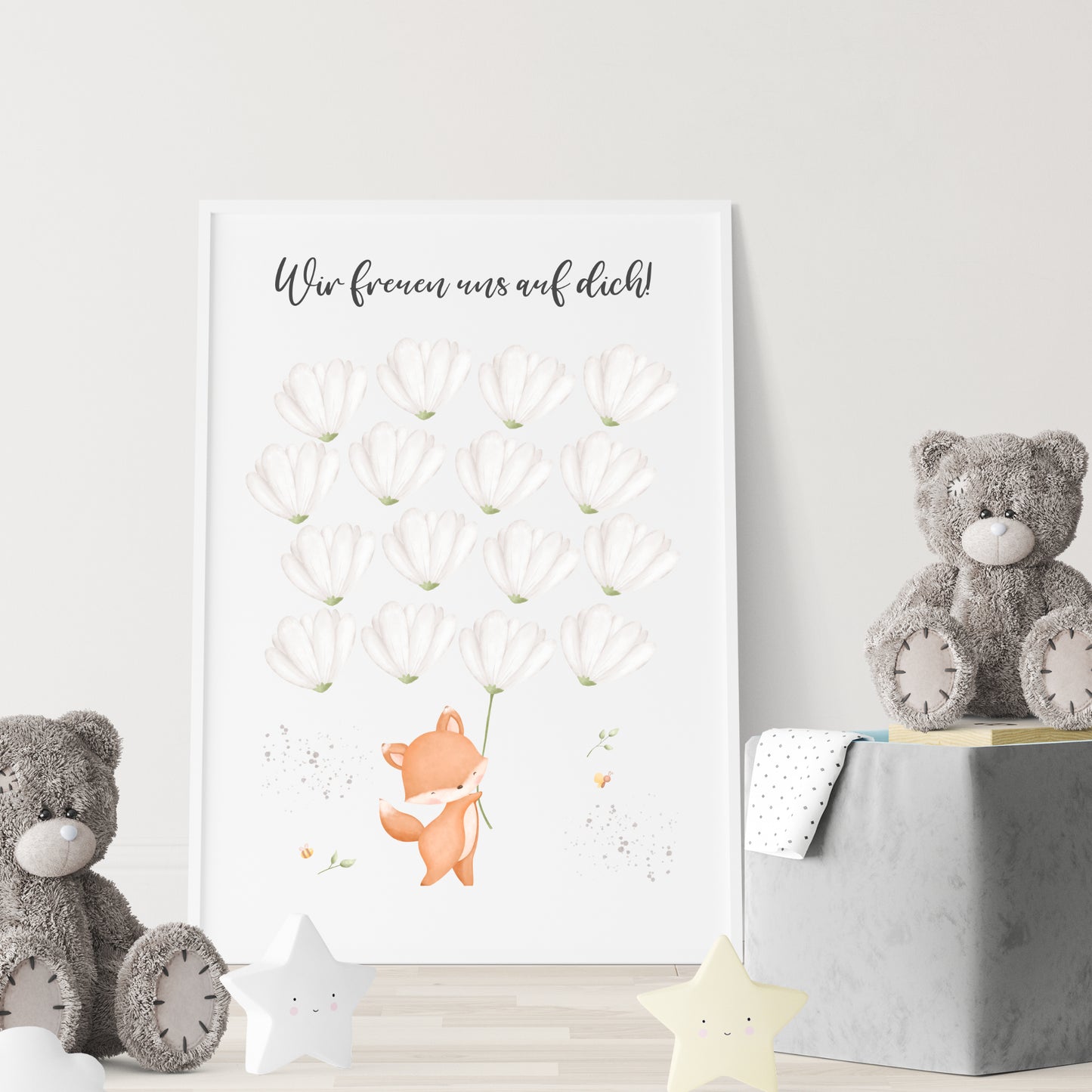 Gästebild Poster Babyparty Blumen Fuchs Gästebuch Geburt Baby Shower