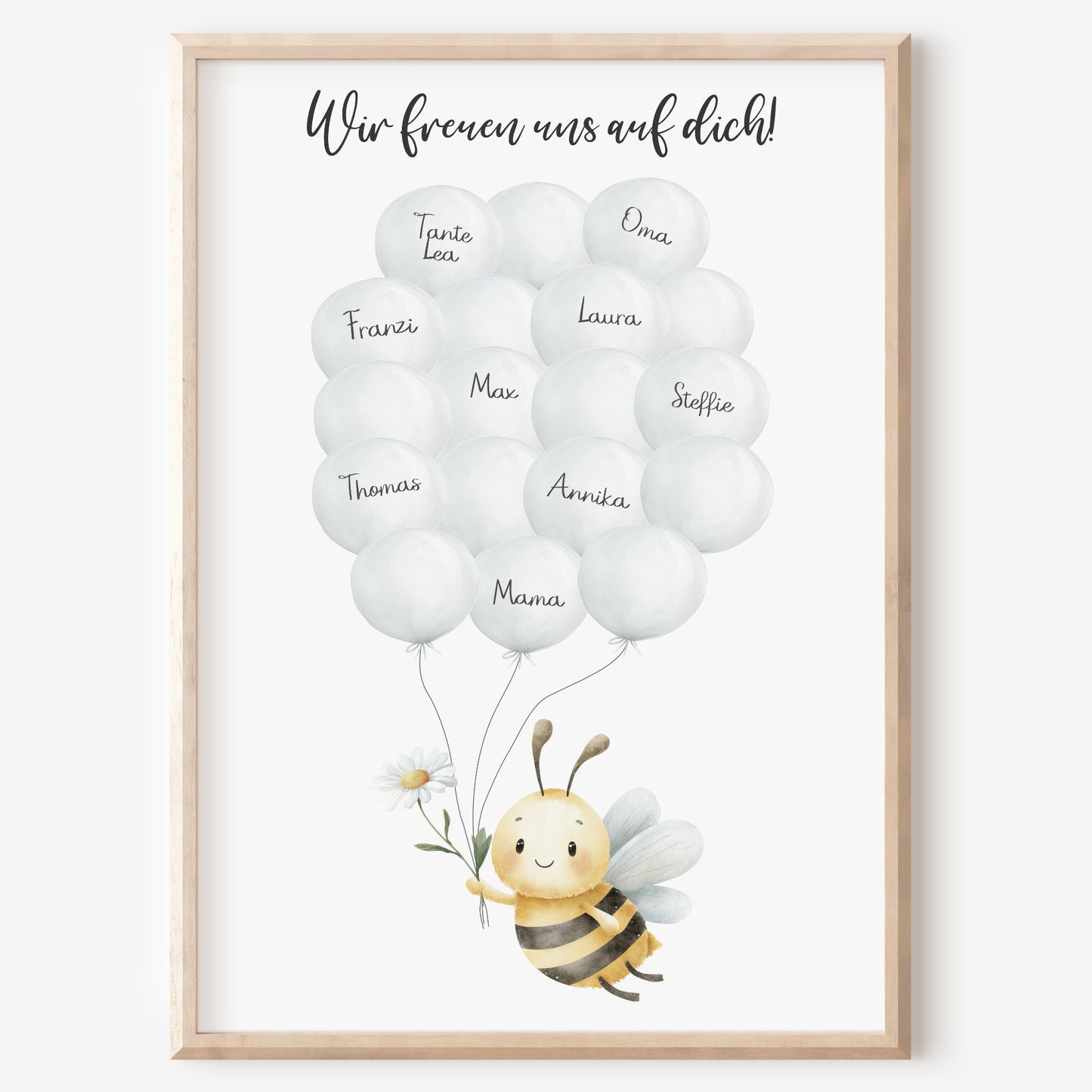 Gästebild Poster Babyparty Luftballons Biene Gänseblümchen Gästebuch Geburt Baby Shower