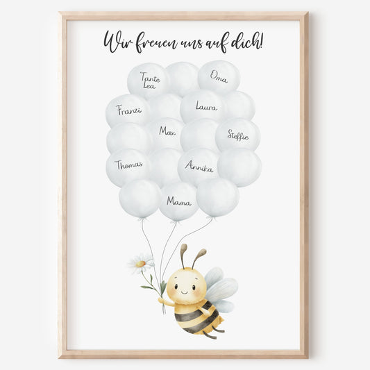 Gästebild Poster Babyparty Luftballons Biene Gänseblümchen Gästebuch Geburt Baby Shower