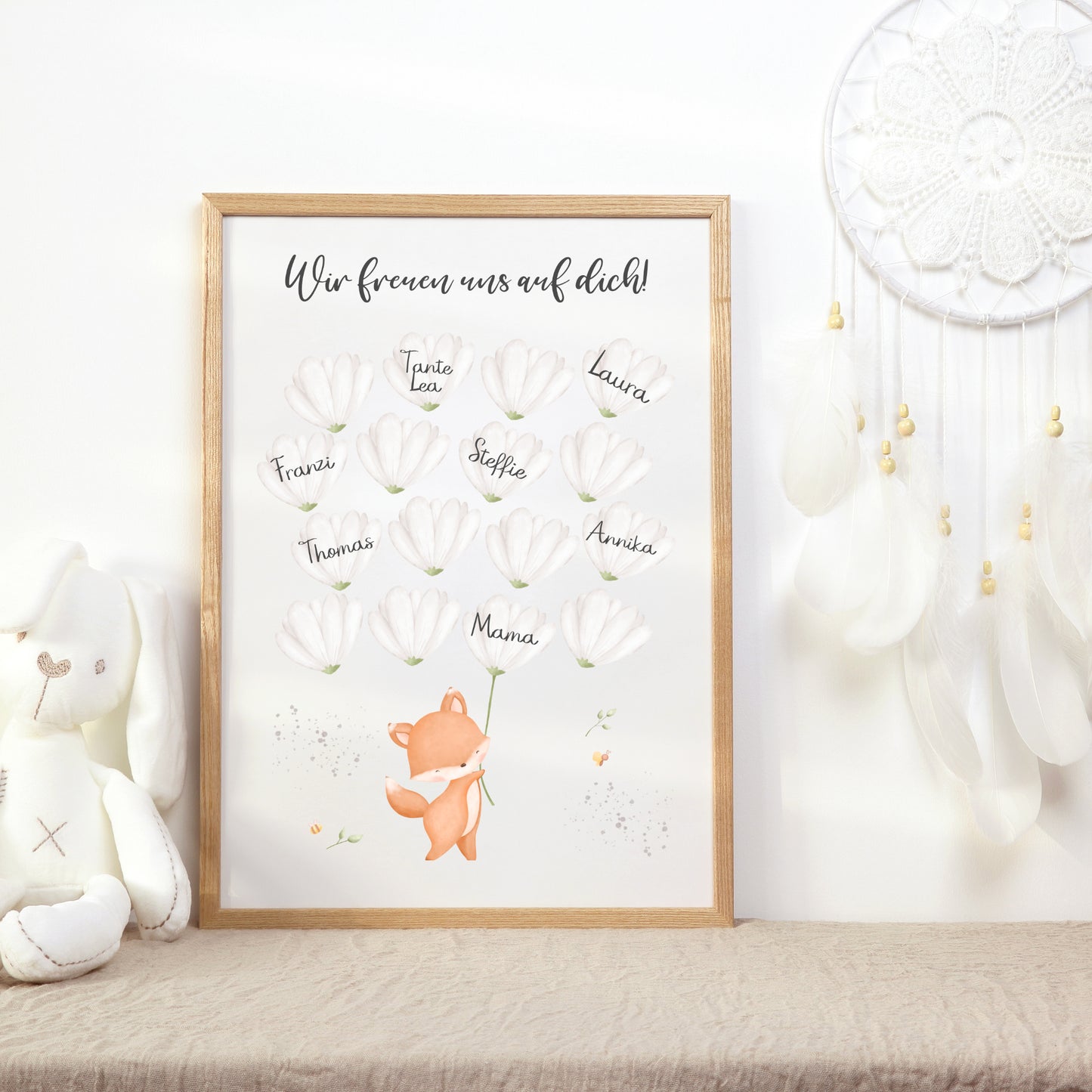 Gästebild Poster Babyparty Blumen Fuchs Gästebuch Geburt Baby Shower