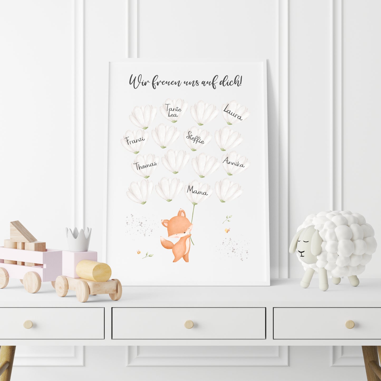 Gästebild Poster Babyparty Blumen Fuchs Gästebuch Geburt Baby Shower