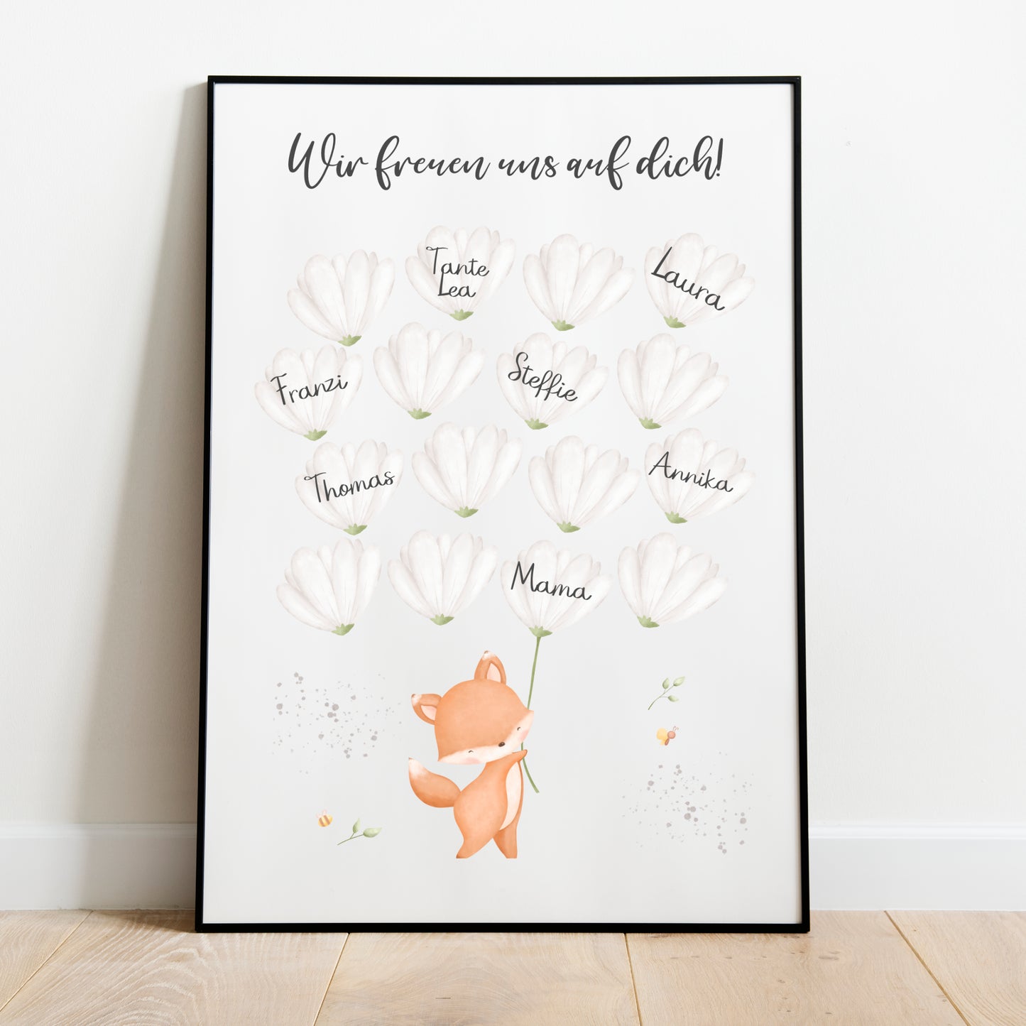 Gästebild Poster Babyparty Blumen Fuchs Gästebuch Geburt Baby Shower