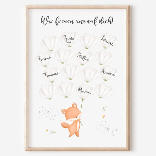 Gästebild Poster Babyparty Blumen Fuchs Gästebuch Geburt Baby Shower