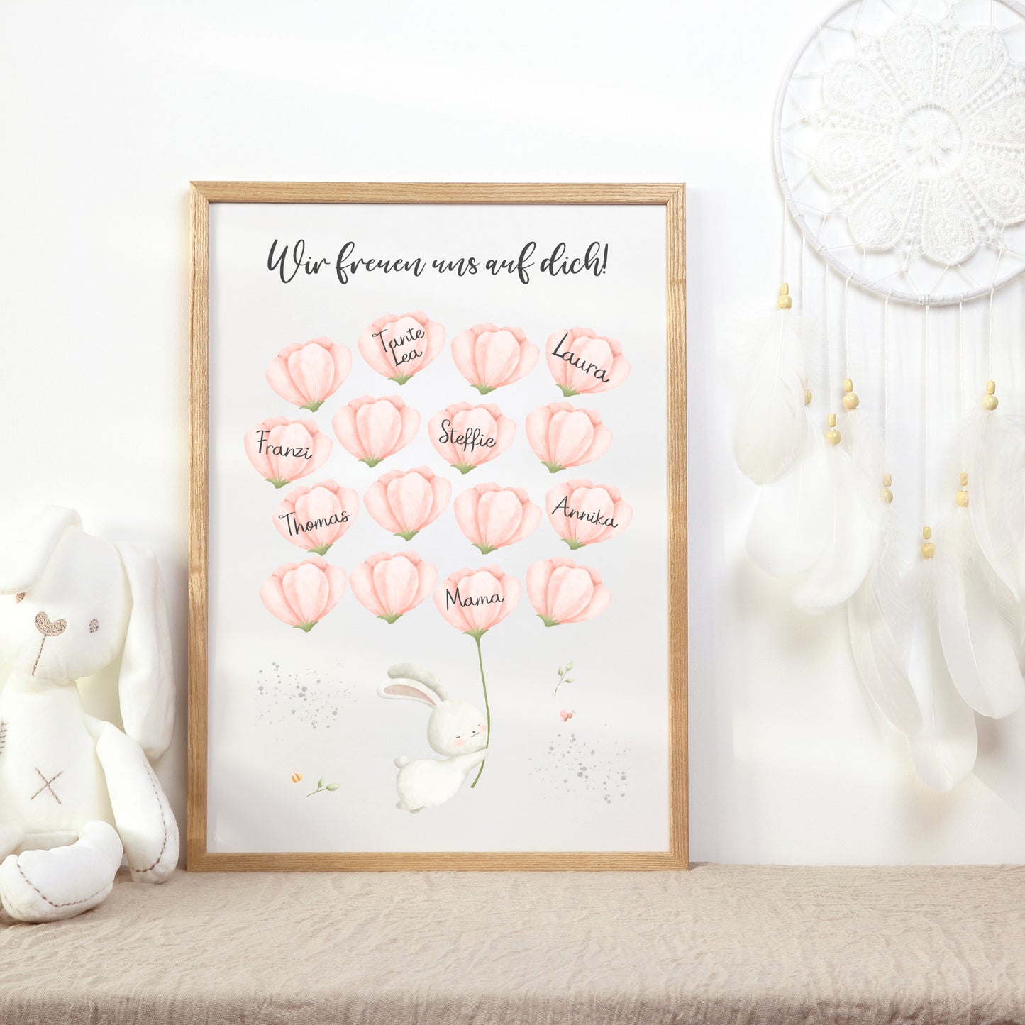 Gästebild Poster Babyparty Rosa Blumen Hase Gästebuch Geburt Baby Shower