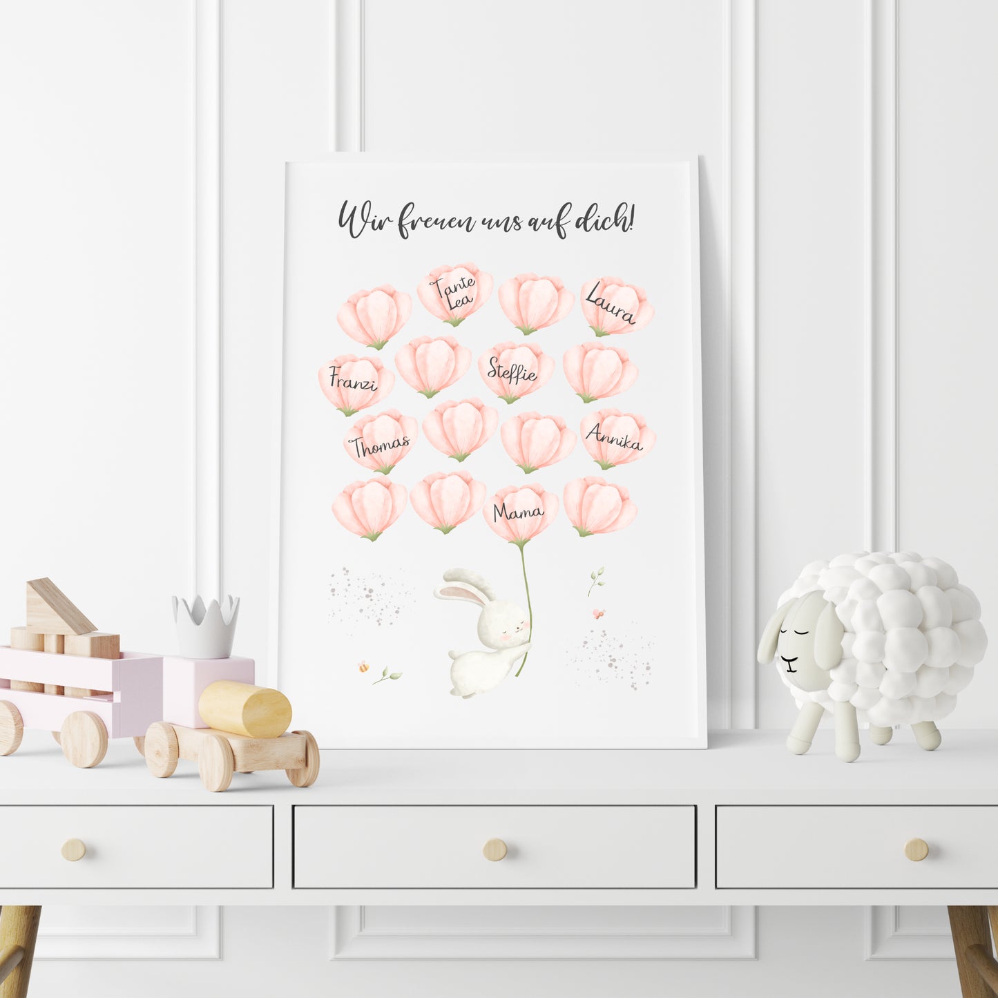 Gästebild Poster Babyparty Rosa Blumen Hase Gästebuch Geburt Baby Shower