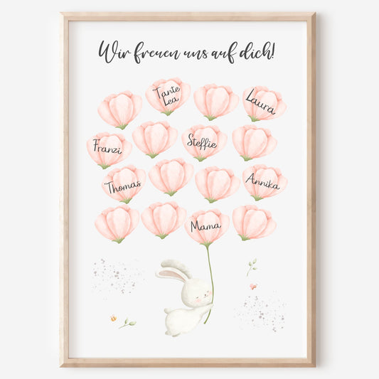 Gästebild Poster Babyparty Rosa Blumen Hase Gästebuch Geburt Baby Shower