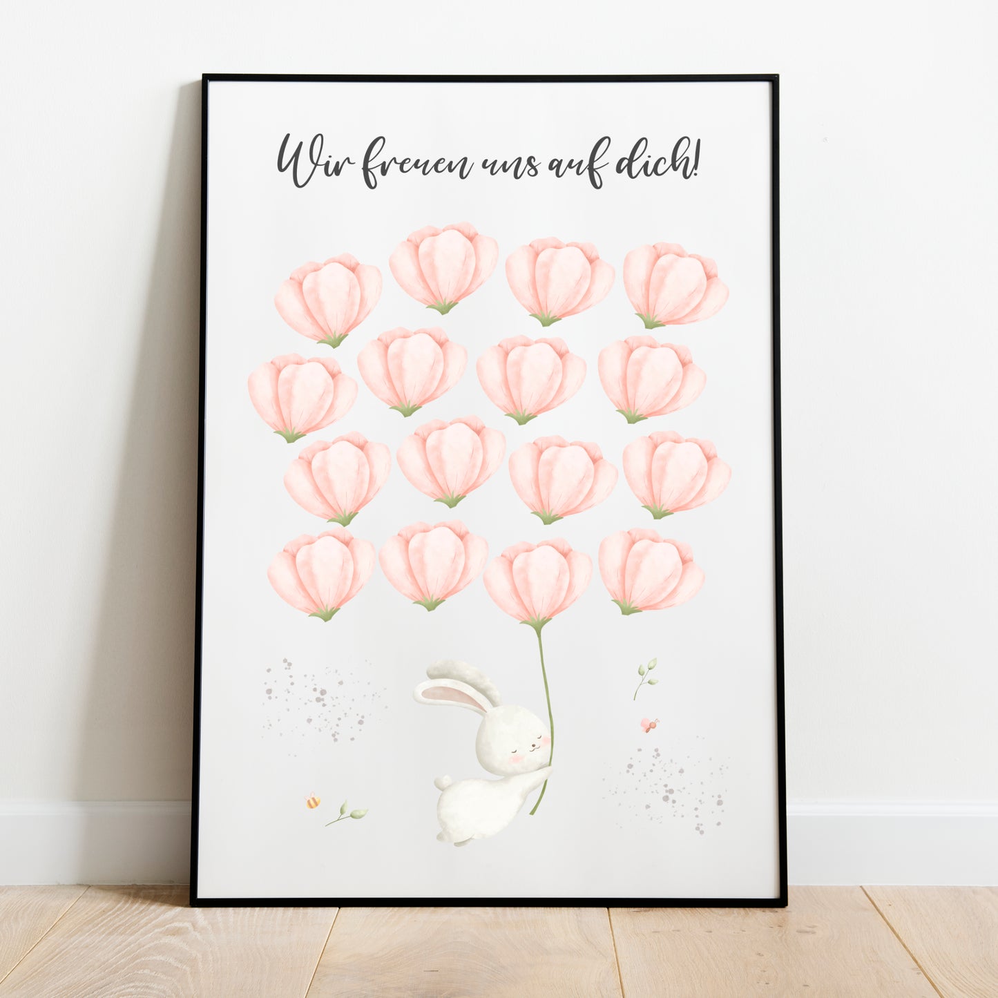 Gästebild Poster Babyparty Rosa Blumen Hase Gästebuch Geburt Baby Shower