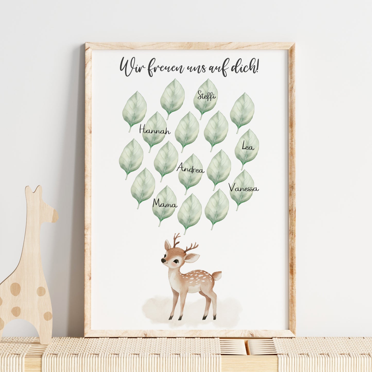 Gästebild Poster Babyparty Blätter Natur Reh Gästebuch Geburt Baby Shower