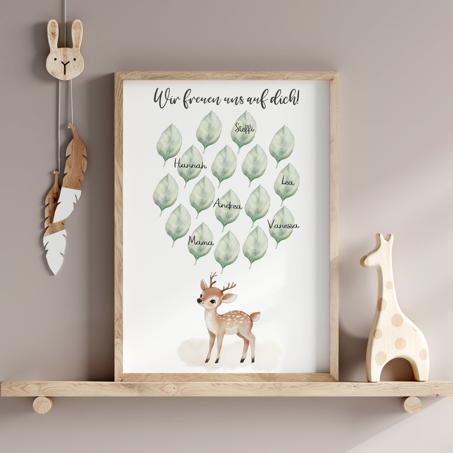 Gästebild Poster Babyparty Blätter Natur Reh Gästebuch Geburt Baby Shower