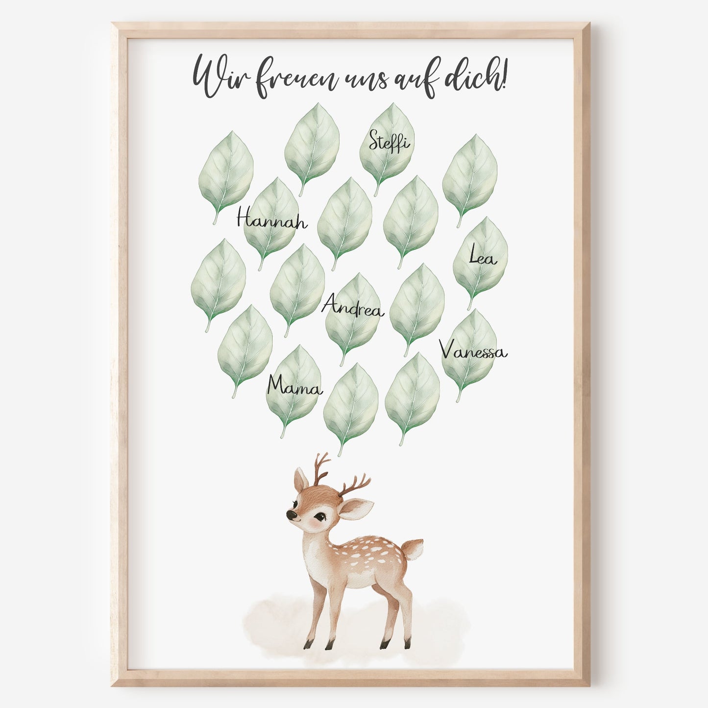 Gästebild Poster Babyparty Blätter Natur Reh Gästebuch Geburt Baby Shower