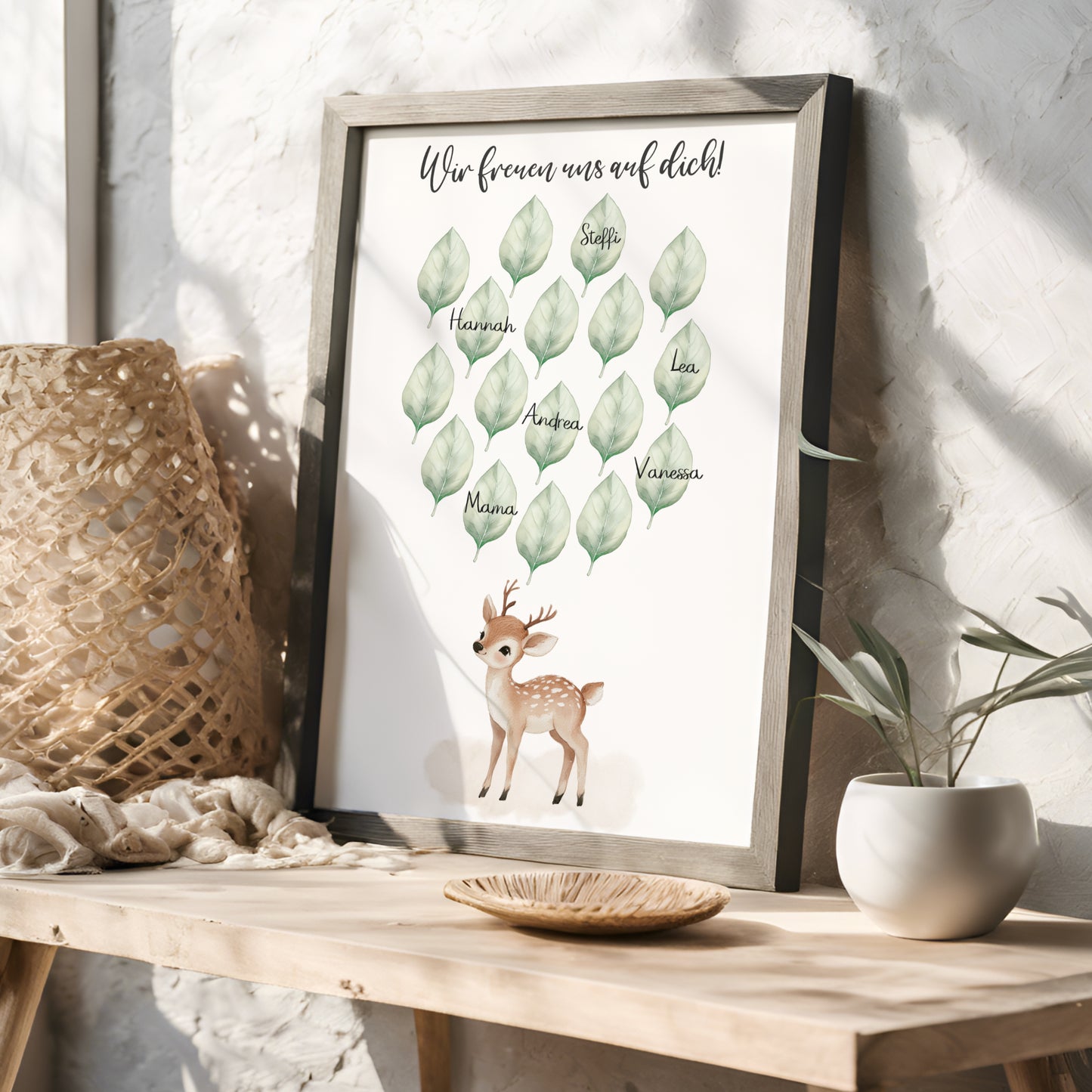 Gästebild Poster Babyparty Blätter Natur Reh Gästebuch Geburt Baby Shower