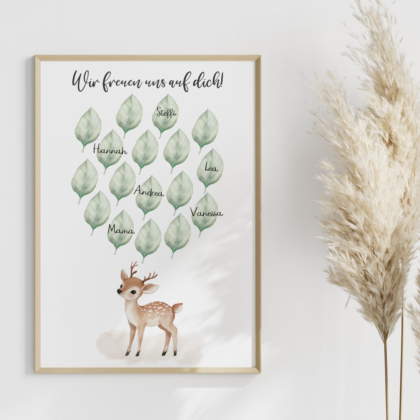 Gästebild Poster Babyparty Blätter Natur Reh Gästebuch Geburt Baby Shower