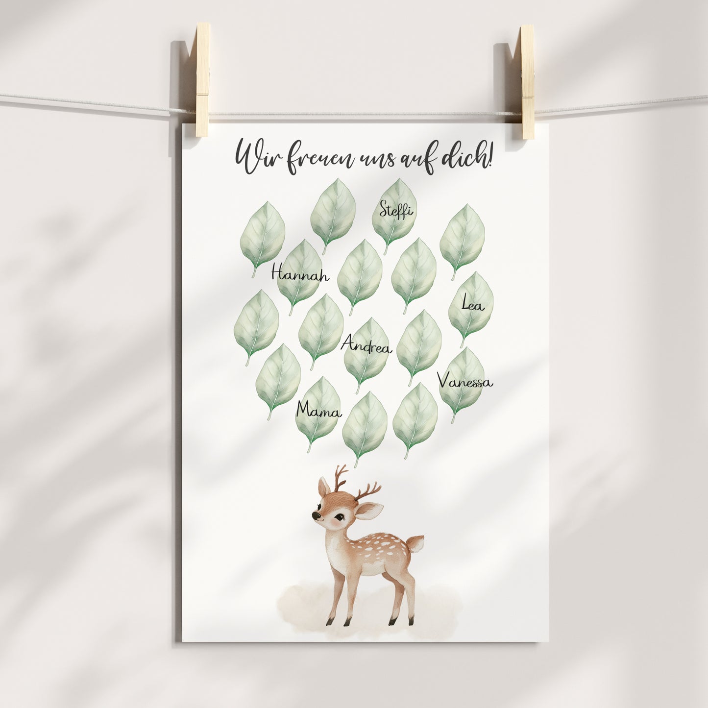 Gästebild Poster Babyparty Blätter Natur Reh Gästebuch Geburt Baby Shower