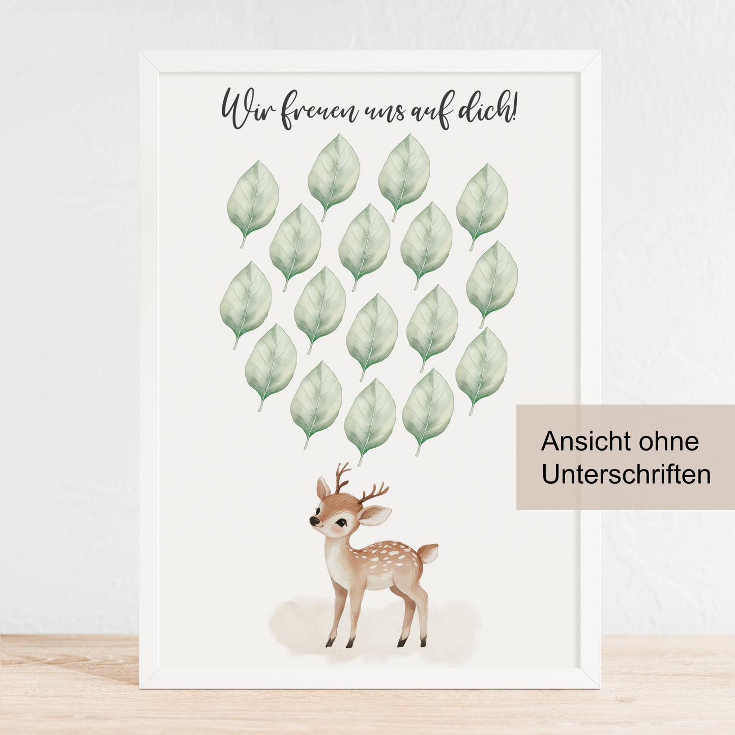 Gästebild Poster Babyparty Blätter Natur Reh Gästebuch Geburt Baby Shower