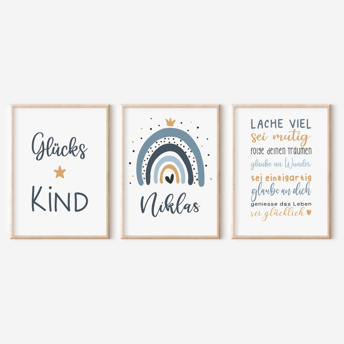 Geburtsposter 3er Set Motivation personalisiert Kinderzimmer Regenbogen Blau Junge