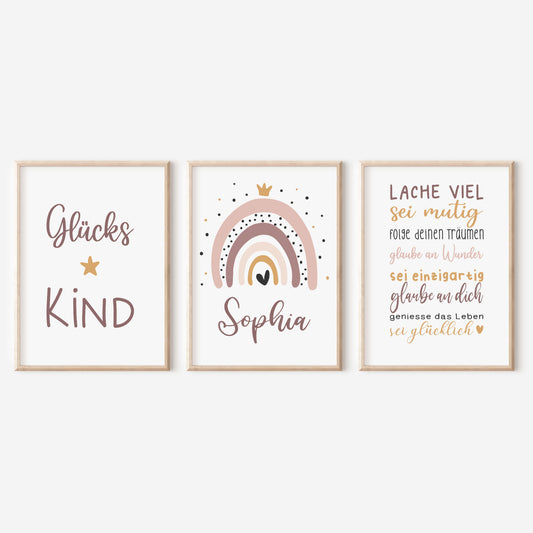 Geburtsposter 3er Set Motivation personalisiert Kinderzimmer Regenbogen Mädchen